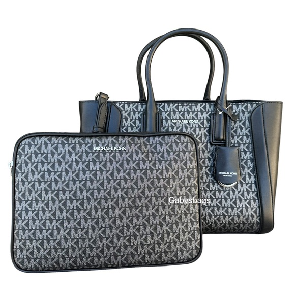 Michael Kors Kali Medium Satchel Crossbody Signature MK + Ipad Case Black Silver - Picture 5 of 9